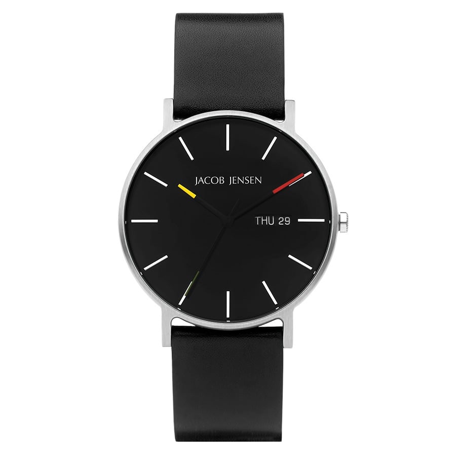 Schwarze Uhr mit schwarzem Zifferblatt, silbernem Gehäuse und schwarzem Lederarmband