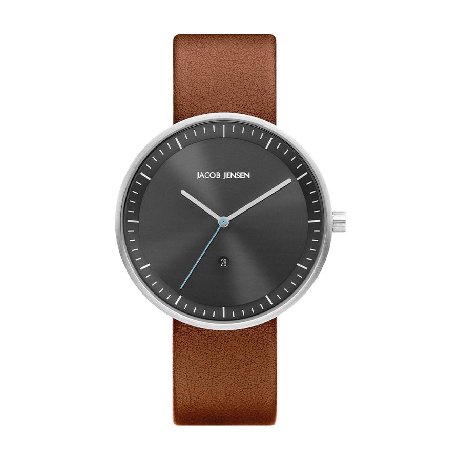 Uhr mit schwarzem Zifferblatt, silbernem Gehäuse und braunem Lederarmband