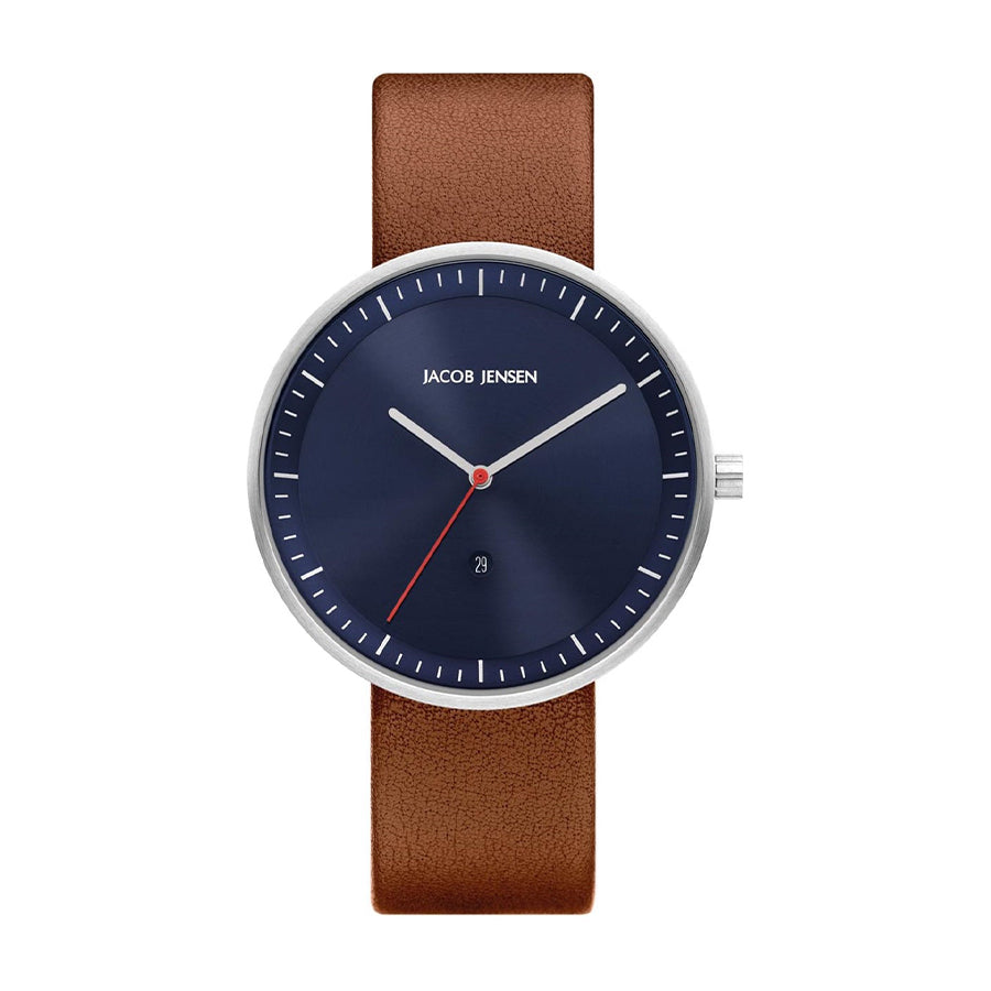 Uhr mit blauem Zifferblatt, silbernem Gehäuse und braunem Lederarmband