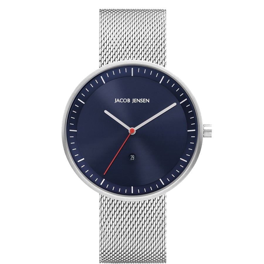 Uhr mit blauem Zifferblatt, silbernem Gehäuse und Mesh-Armband, roter Sekundenzeiger