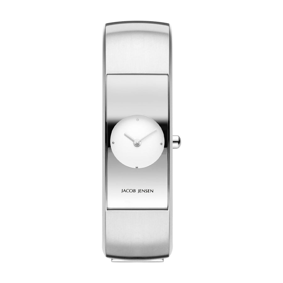 Uhr mit silbernem Gehäuse und weißem Zifferblatt, schmalem Armband aus Edelstahl