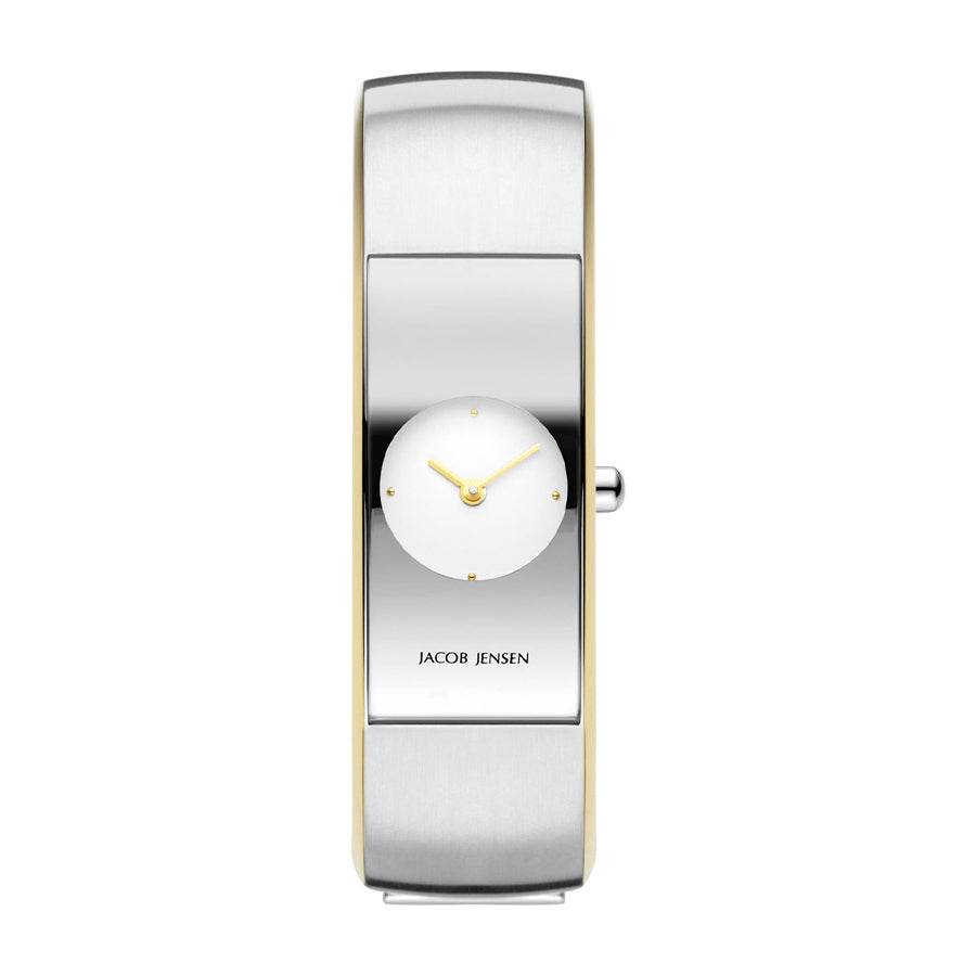 Uhr mit silbernem Gehäuse und goldenem Akzent, weißem Zifferblatt und minimalistischer Anzeige