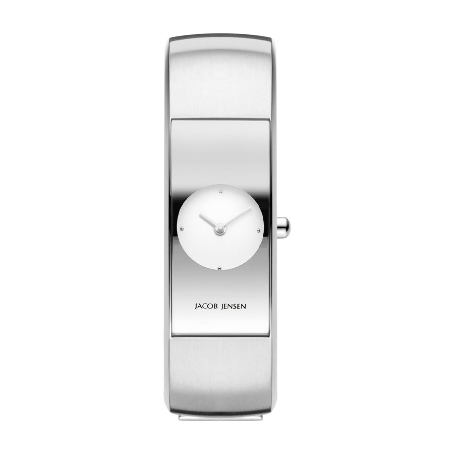Uhr mit silbernem Gehäuse und weißem Zifferblatt, schmalem Armband aus Edelstahl
