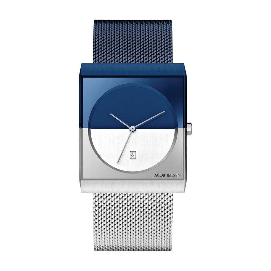 Armbanduhr mit quadratischem Gehäuse, blauem Zifferblatt und silbernem Mesh-Armband