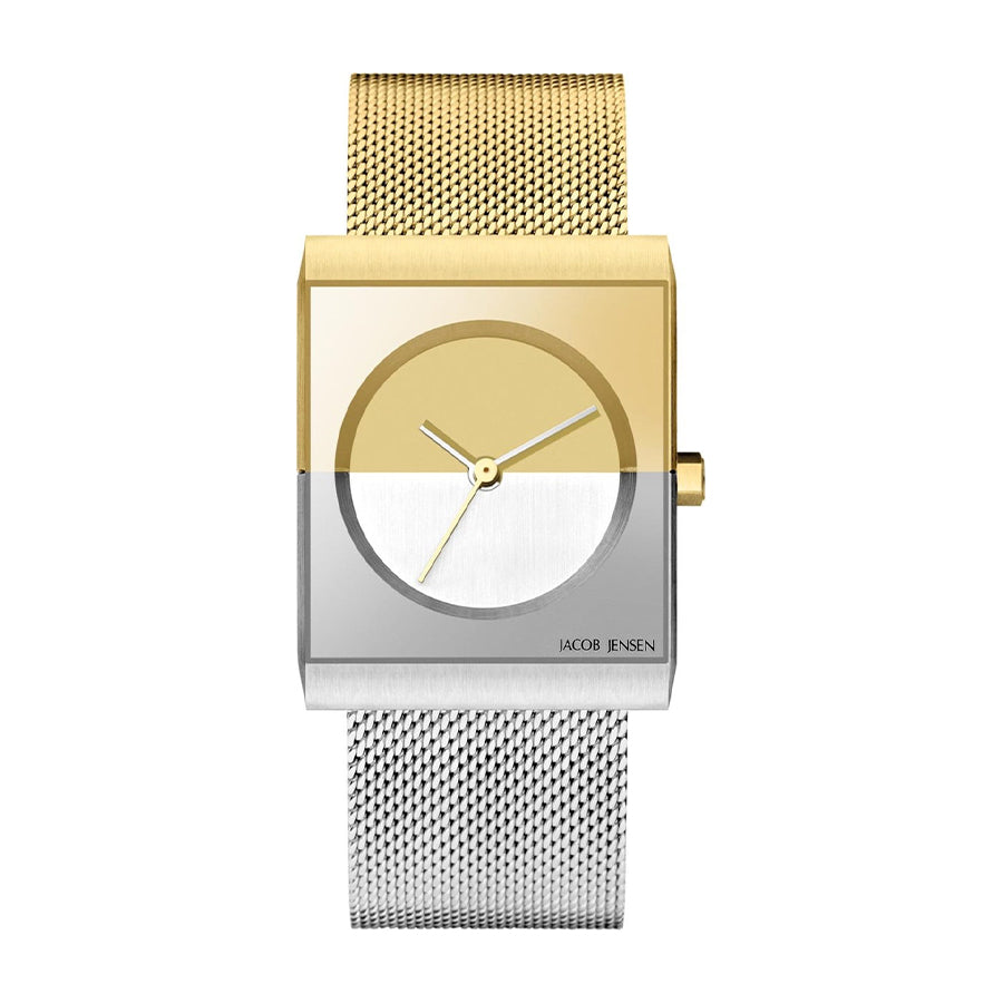 Quarzuhr mit quadratischem Gehäuse in Gold und Silber, mit silbernem Mesh-Armband und weißem Zifferblatt