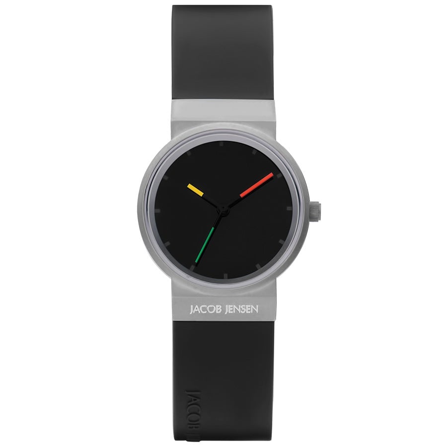 Uhr mit schwarzem Zifferblatt, silbernem Gehäuse und schwarzem Silikonarmband, bunte Zeiger