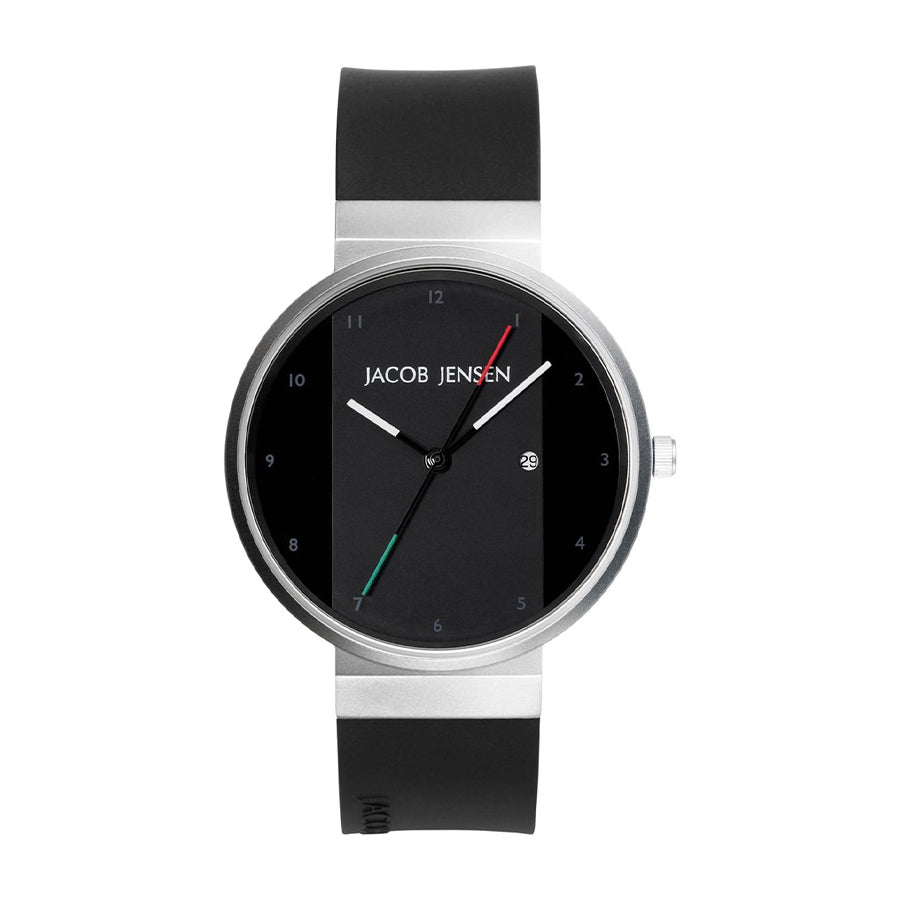 Uhr mit schwarzem Zifferblatt, silbernem Gehäuse und schwarzem Silikonarmband