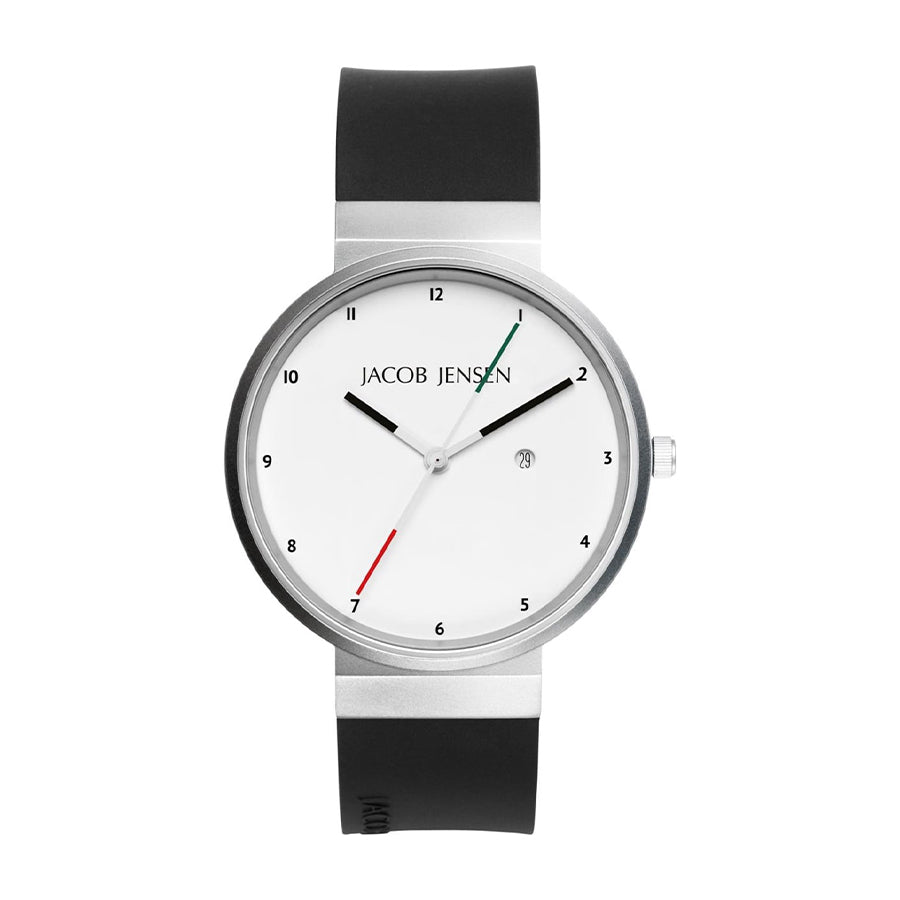 Uhr mit silbernem Gehäuse, weißem Zifferblatt und schwarzem Silikonarmband