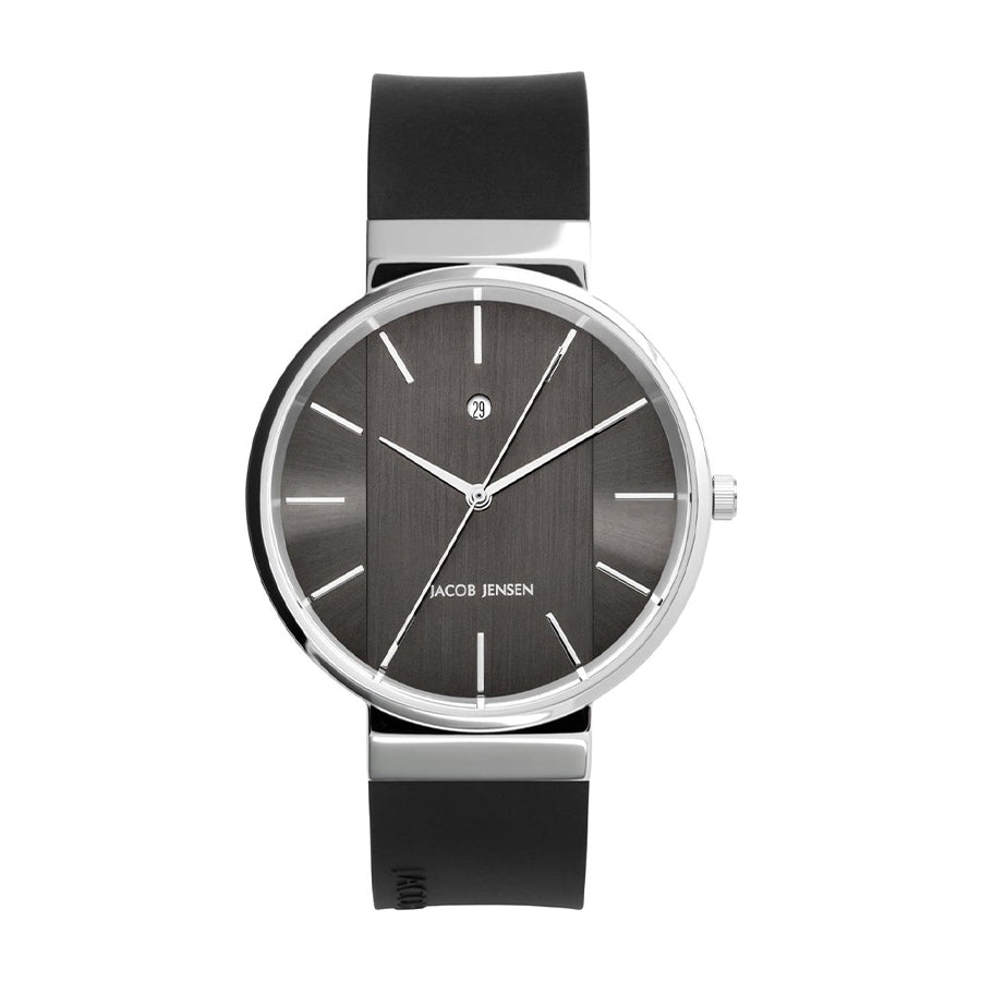 Uhr mit schwarzem Silikonarmband und grauem Zifferblatt, Gehäuse aus Edelstahl, schlichte Indexe
