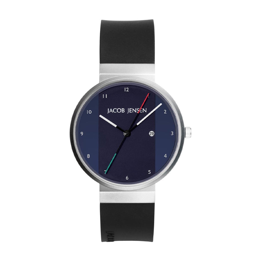 Uhr mit blauem Zifferblatt, silbernem Gehäuse und schwarzem Silikonarmband