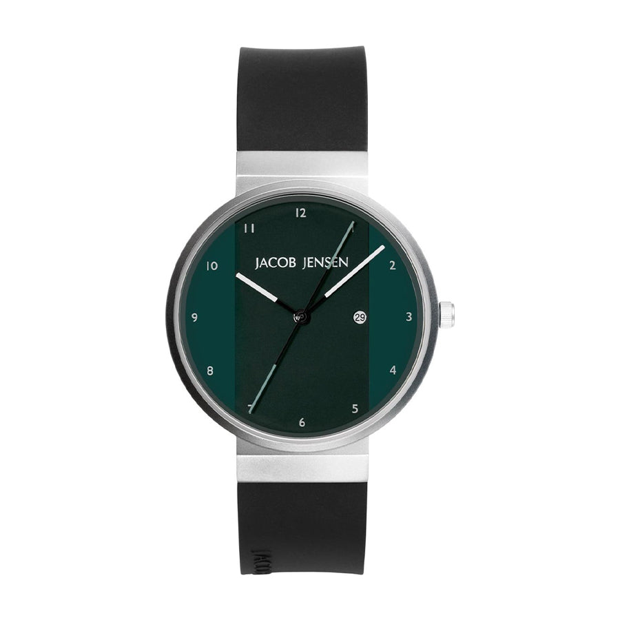 Uhr mit grünem Zifferblatt, silbernem Gehäuse und schwarzem Silikonarmband