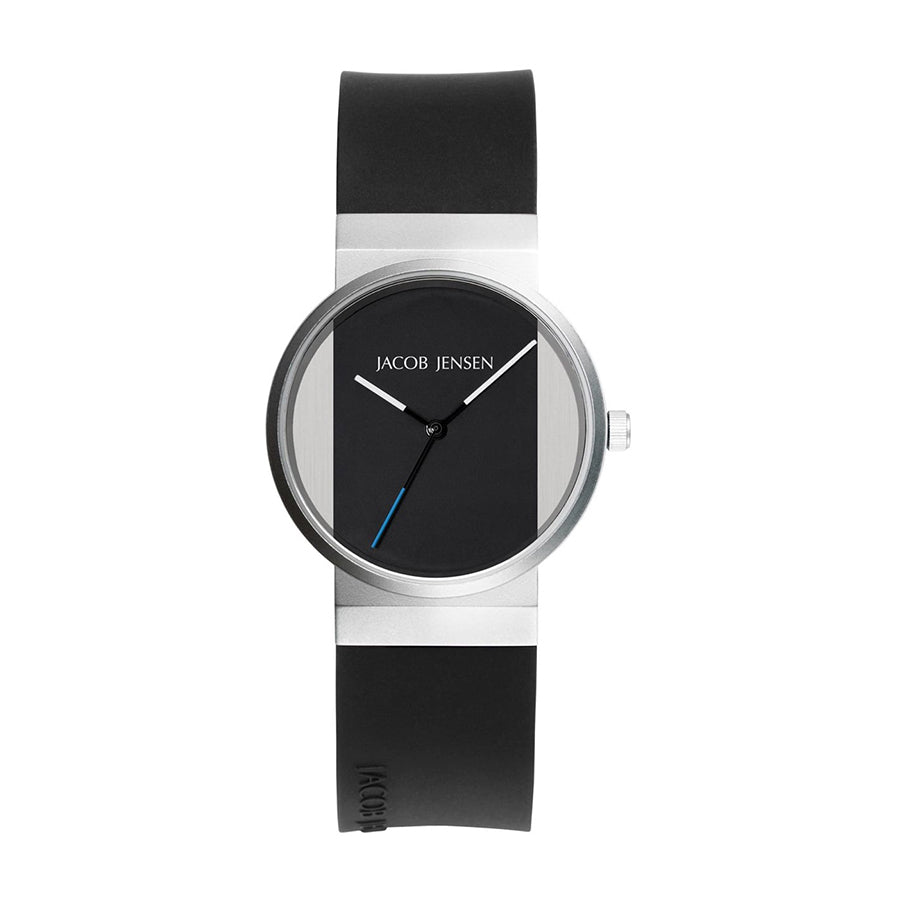 Uhr mit schwarzem Zifferblatt, silbernem Gehäuse und schwarzem Silikonarmband