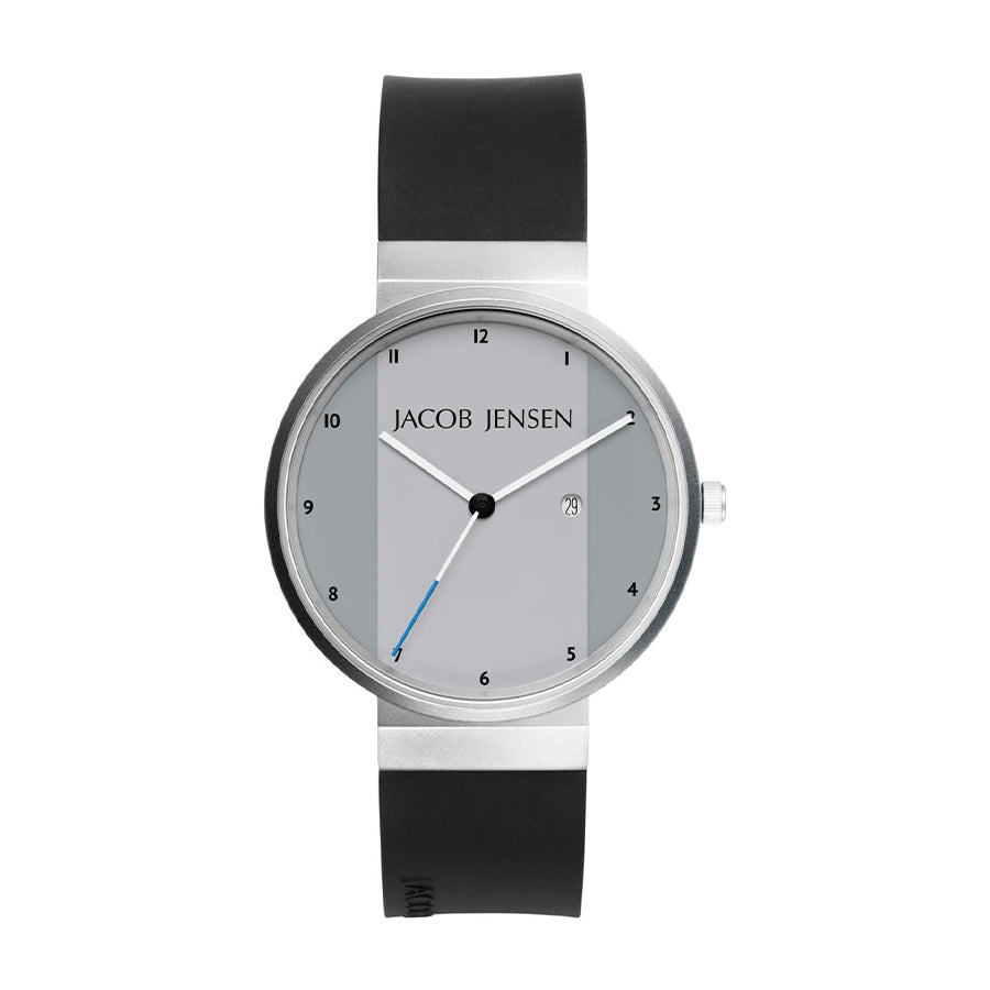 Uhr mit silbernem Gehäuse, grauem Zifferblatt und schwarzem Silikonarmband