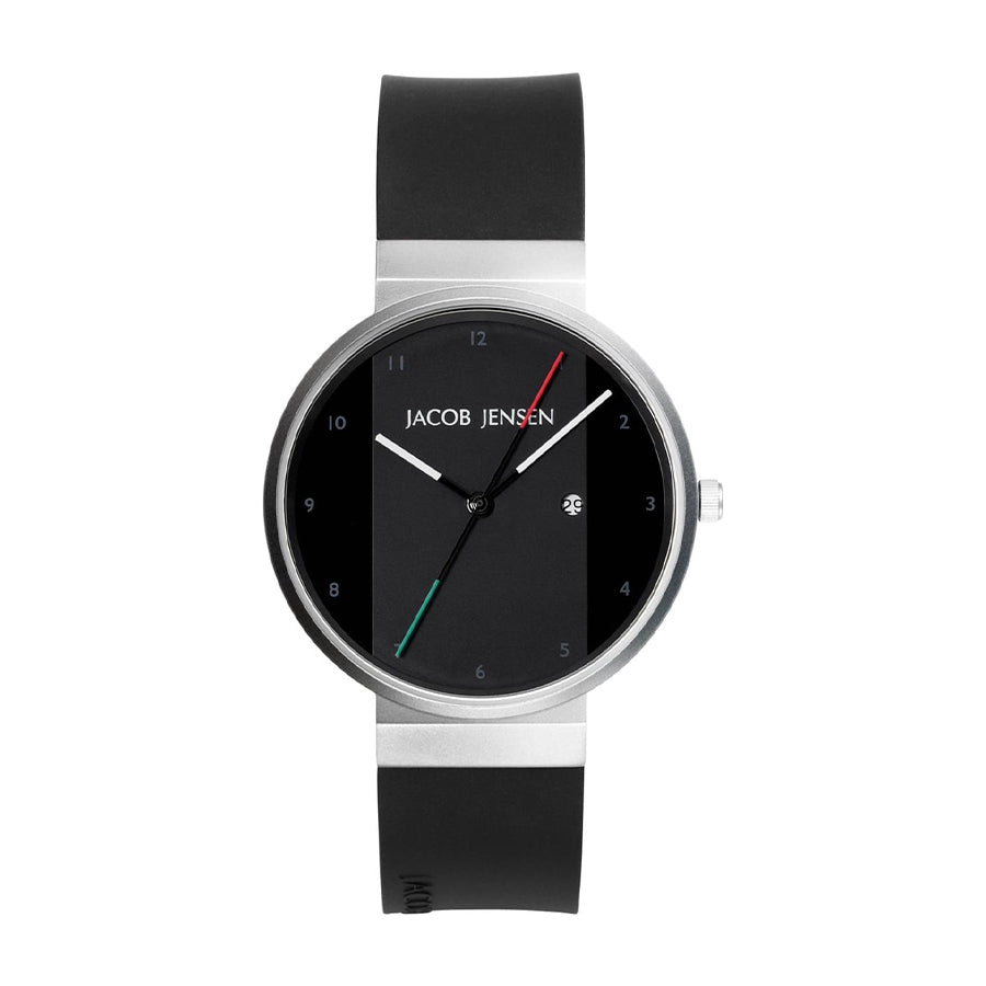 Uhr mit schwarzem Zifferblatt, silbernem Gehäuse und schwarzem Silikonarmband