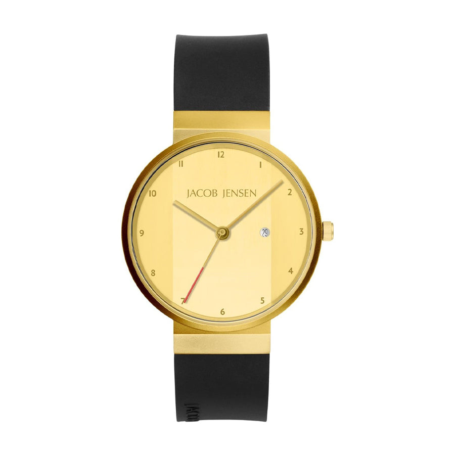Uhr mit goldenem Gehäuse, gelbem Zifferblatt und schwarzem Silikonarmband