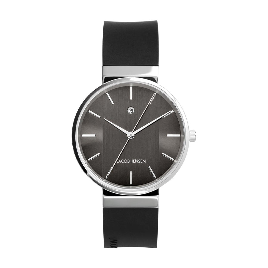Uhr mit schwarzem Zifferblatt, silbernem Gehäuse und schwarzem Silikonarmband