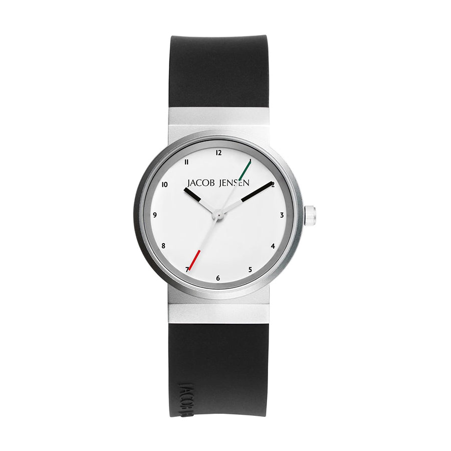 Uhr mit silbernem Gehäuse, weißem Zifferblatt und schwarzem Silikonarmband