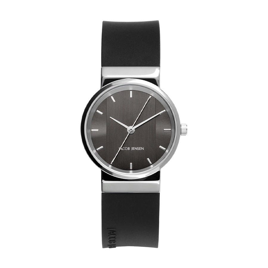 Uhr mit schwarzem Silikonarmband und grauem Zifferblatt, Gehäuse aus Edelstahl