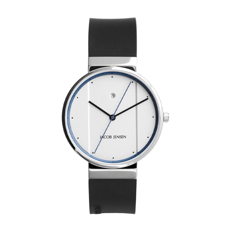 Uhr mit silbernem Gehäuse, weißem Zifferblatt und schwarzem Silikonarmband