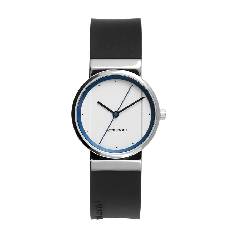 Uhr mit weißem Zifferblatt, blauer Zeiger und schwarzem Silikonarmband