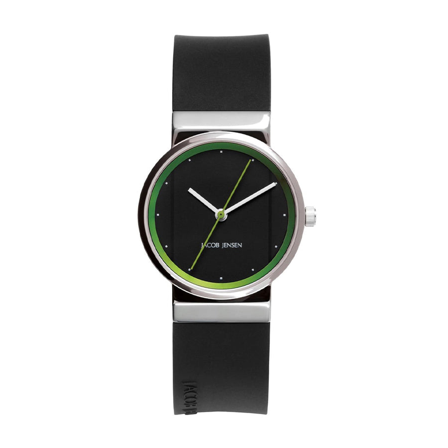 Uhr mit schwarzem Zifferblatt, silbernem Gehäuse und grünem Akzent, schwarzes Silikonarmband