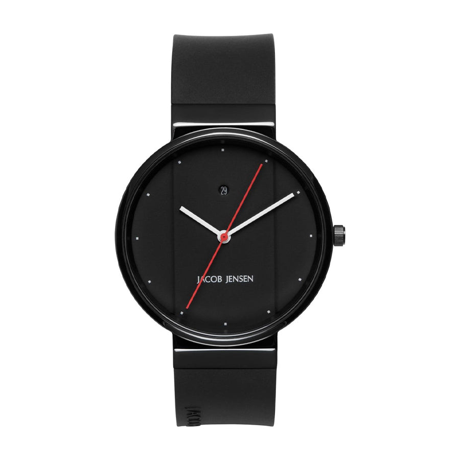 Schwarze Uhr mit schwarzem Zifferblatt, roten Zeigern und schwarzem Silikonarmband
