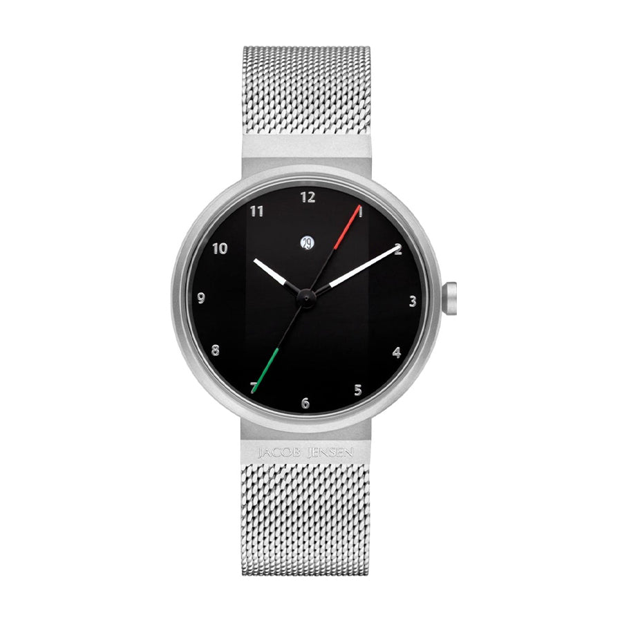Uhr mit schwarzem Zifferblatt, silbernem Gehäuse und Mesh-Armband, farbige Zeiger in Rot und Grün