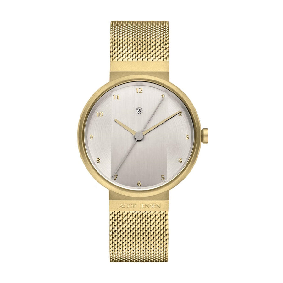 Uhr mit silbernem Zifferblatt und goldfarbenem Mesh-Armband