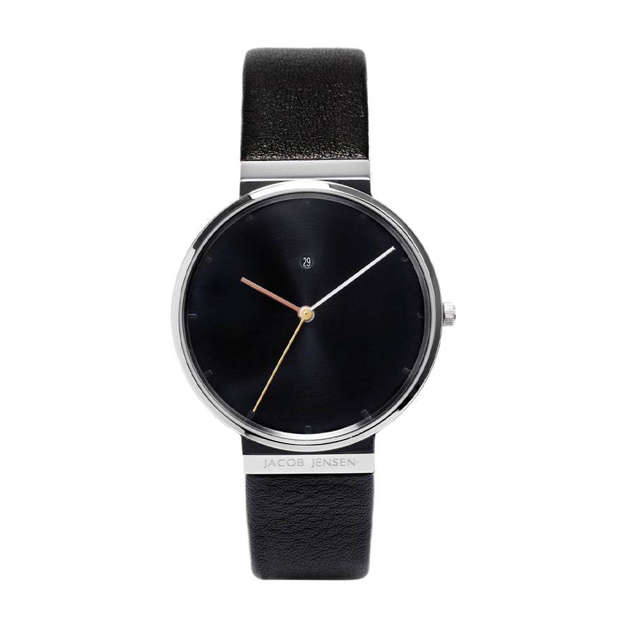 Uhr mit schwarzem Zifferblatt, silbernem Gehäuse und schwarzem Lederarmband