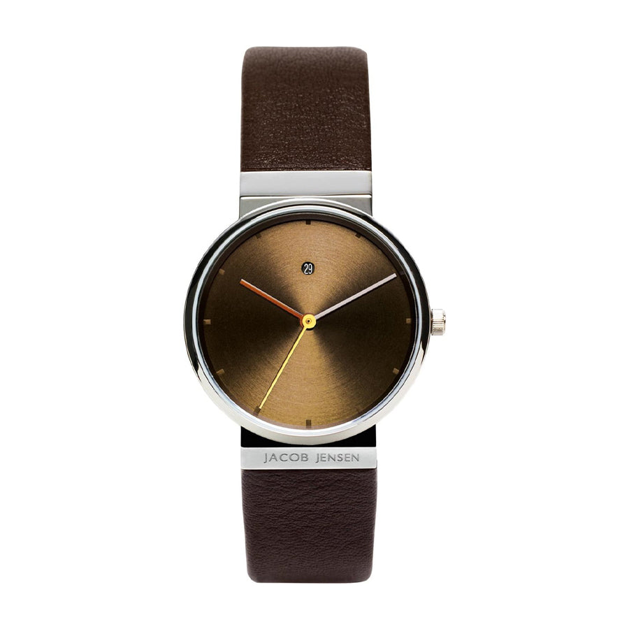 Uhr mit braunem Lederarmband und goldenem Zifferblatt, Zeiger in Orange und Gelb