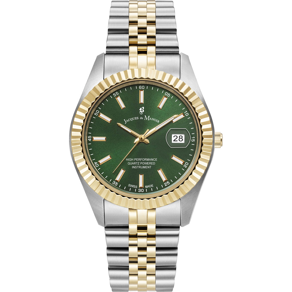 Herrenarmbanduhr mit grünem Zifferblatt, Edelstahl-Gehäuse und goldfarbenem Lünette, zweifarbige Armband.