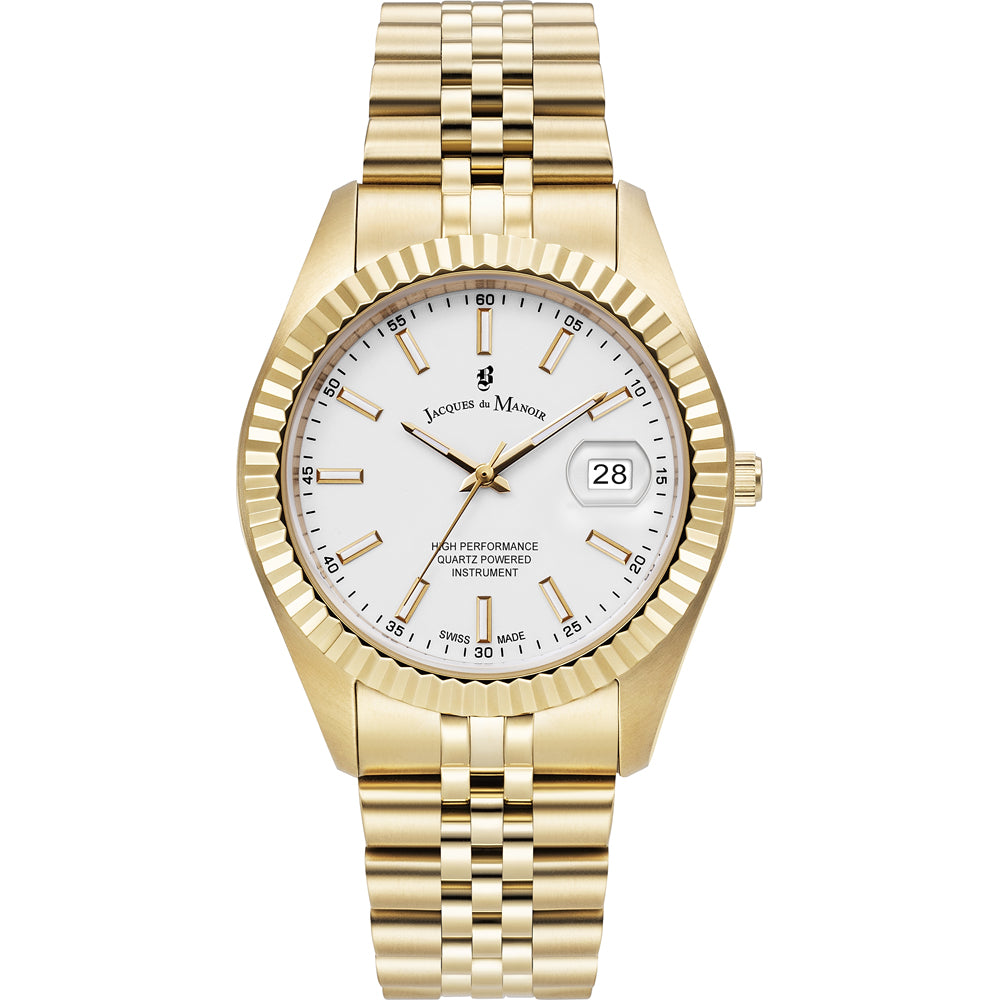 Uhr mit goldenem Gehäuse und goldenem Armband, weißem Zifferblatt und Datumsanzeige