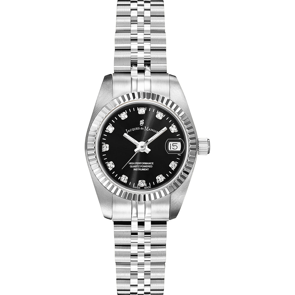 Uhr mit schwarzem Zifferblatt, Edelstahlgehäuse und -armband, Datumsanzeige und Lünette mit Steinen