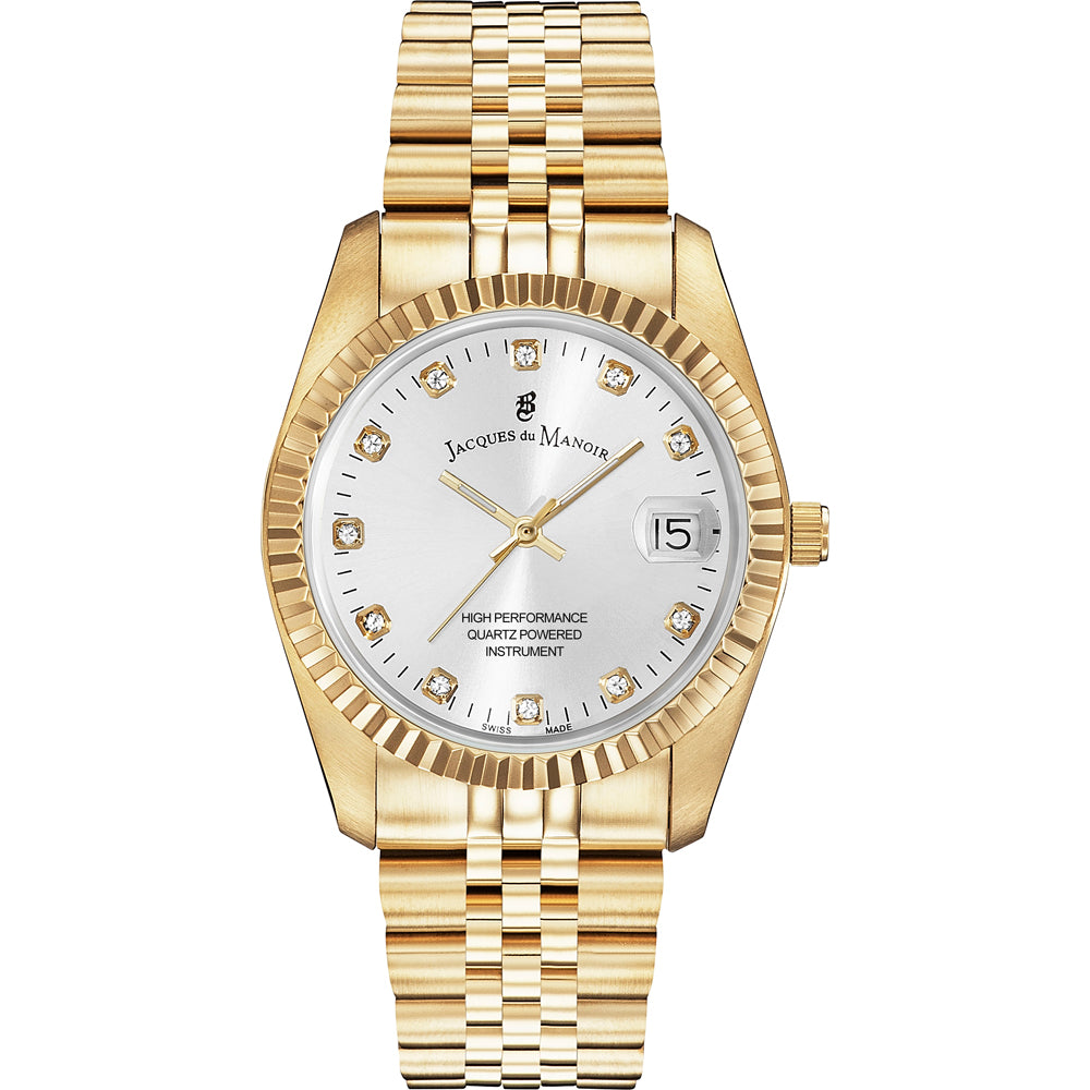 Uhr mit silbernem Zifferblatt, goldfarbenem Gehäuse und goldfarbenem Armband mit Lünette und Steinen
