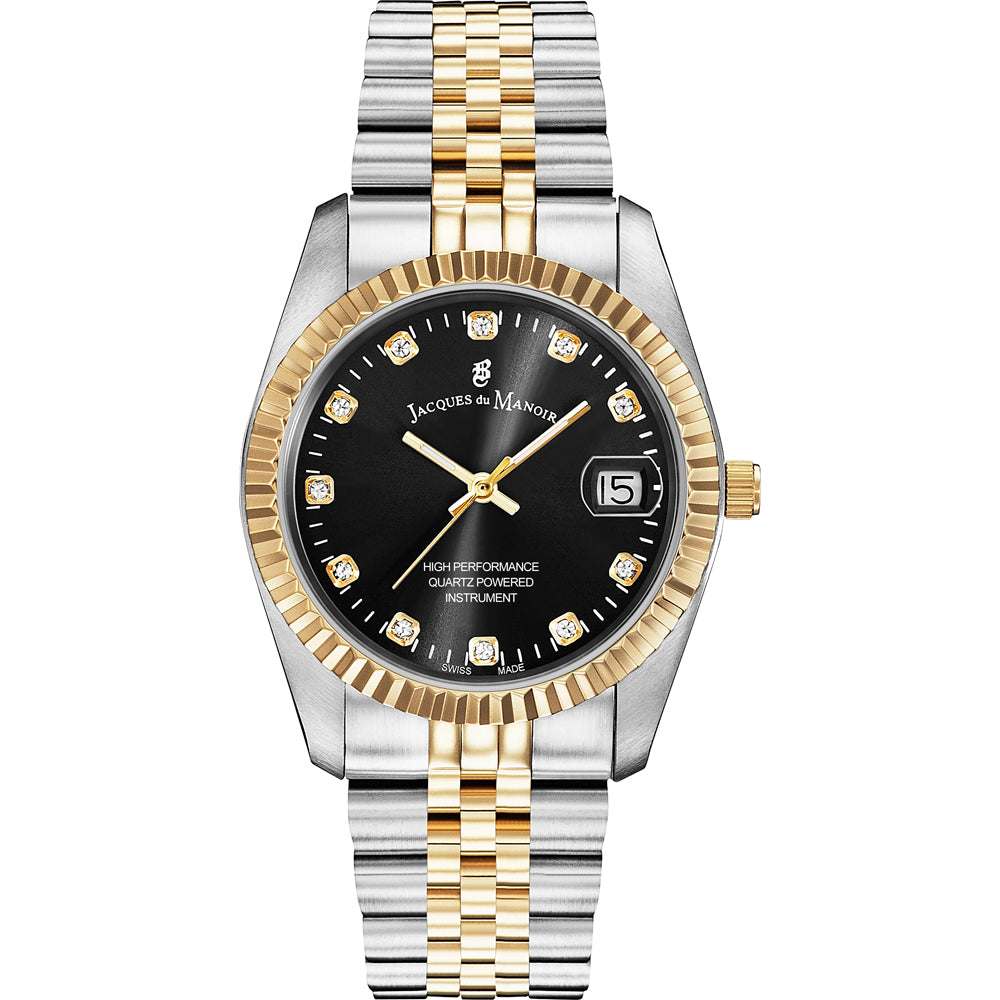 Uhr mit schwarzem Zifferblatt, goldener Lünette und silbernem sowie goldenem Armband
