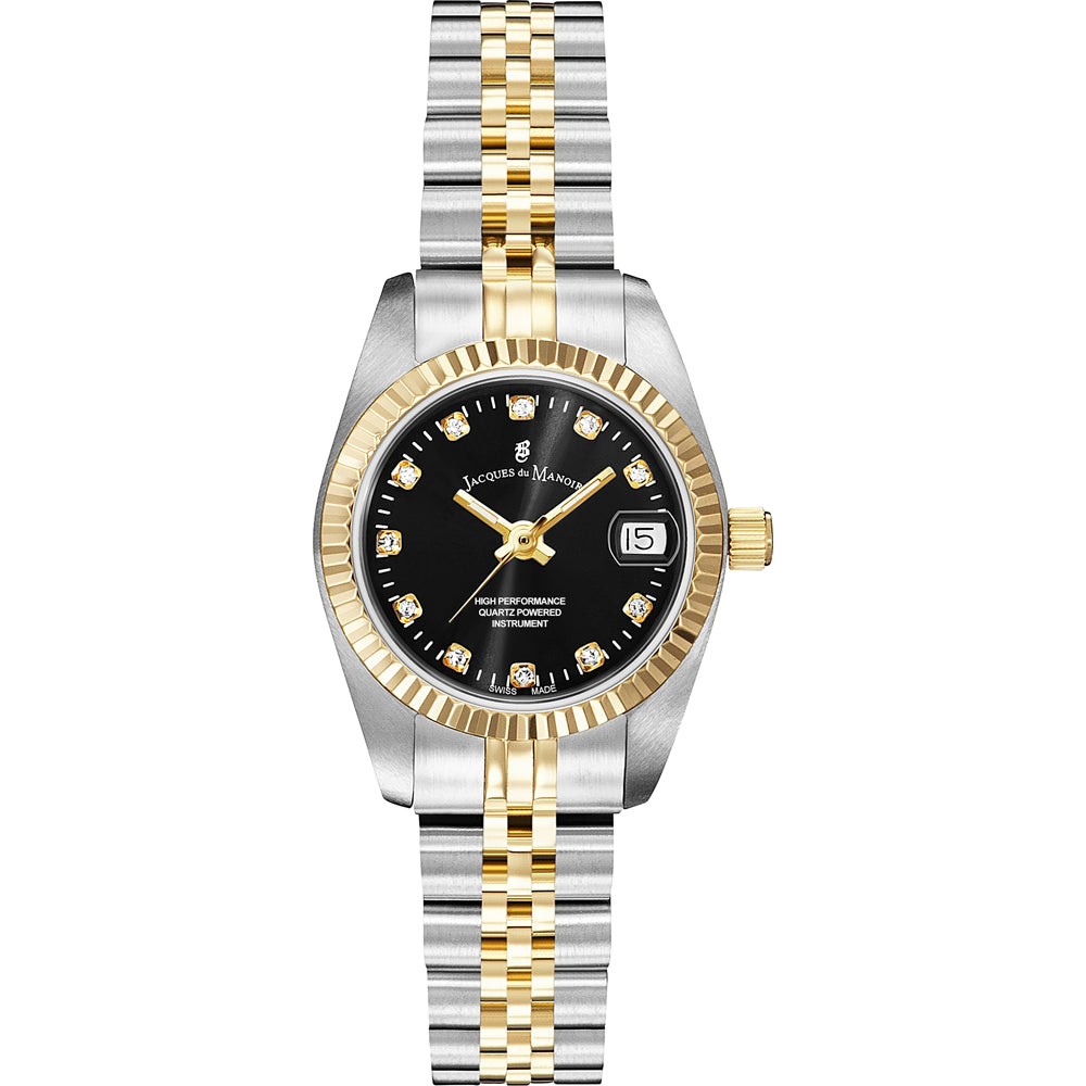 Uhr mit schwarzem Zifferblatt, Edelstahl-Gehäuse, goldfarbener Lünette und zweifarbigem Armband
