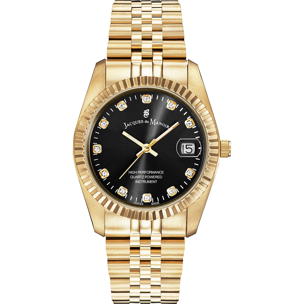 Uhr mit goldenem Gehäuse, schwarzem Zifferblatt und goldfarbenem Mesh-Armband, besetzt mit Steinen