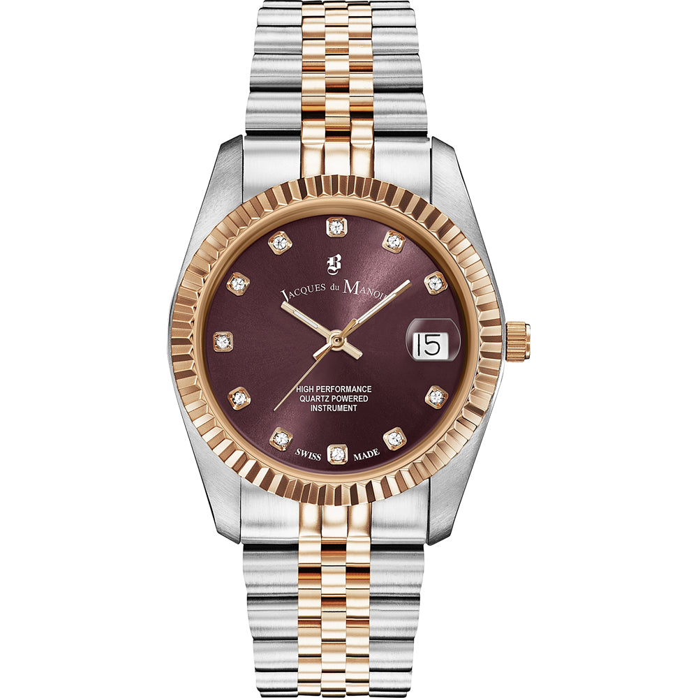 Uhr mit braunem Zifferblatt, Edelstahl-Gehäuse und goldfarbener Lünette, Edelstahl-Mesh-Armband