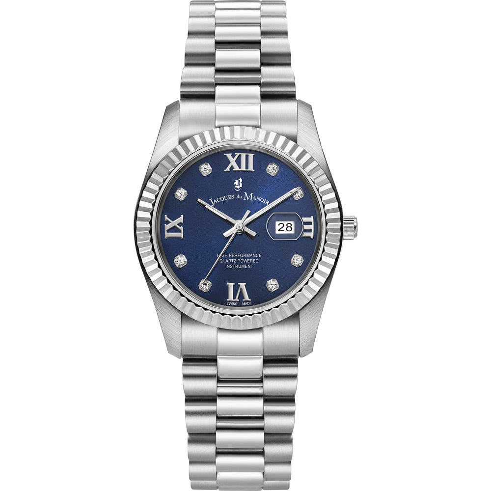 Armbanduhr mit silbernem Gehäuse, blauem Zifferblatt und Diamanten als Indizes