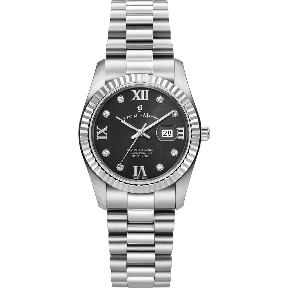 Uhr mit schwarzem Zifferblatt, silbernem Gehäuse und Armband, römischen Ziffern und Steinen