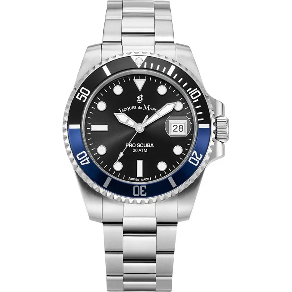 Taucheruhr mit schwarzem Zifferblatt, blauem Lünette und Edelstahlarmband, wasserdicht bis 20 ATM