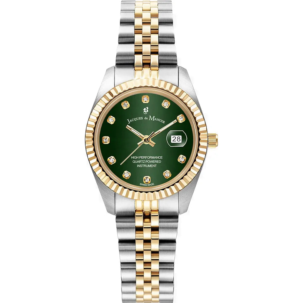 Uhr mit grünem Zifferblatt, goldener Lünette und silbernem sowie goldenem Armband
