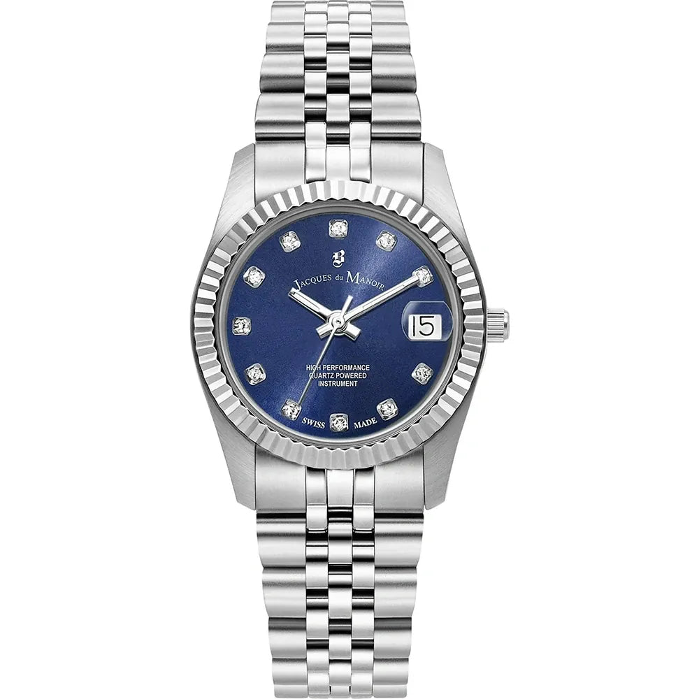 Uhr mit silbernem Gehäuse, blauem Zifferblatt und diamantbesetzter Lünette, Edelstahl-Mesh-Armband