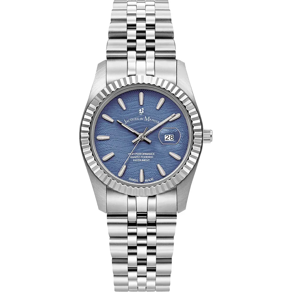 Uhr mit blauem Zifferblatt, silbernem Gehäuse und silbernem Armband aus Edelstahl mit Lünette