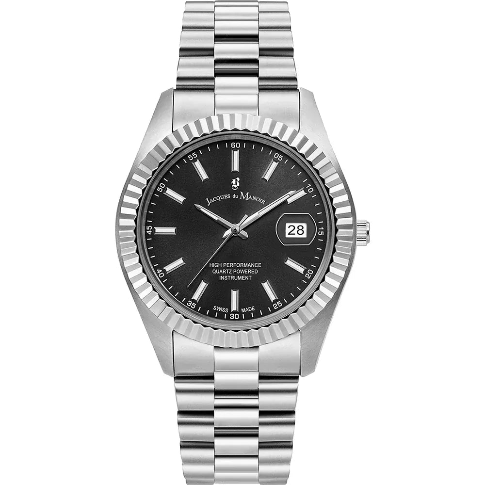 Herrenarmbanduhr mit schwarzem Zifferblatt, Edelstahlgehäuse und -armband sowie Datumsanzeige