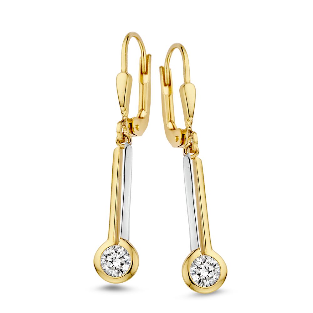 Bicolor Ohrhaken aus 14 Karat Gelb- und Weißgold mit Zirkonia-Anhängern in runder Form