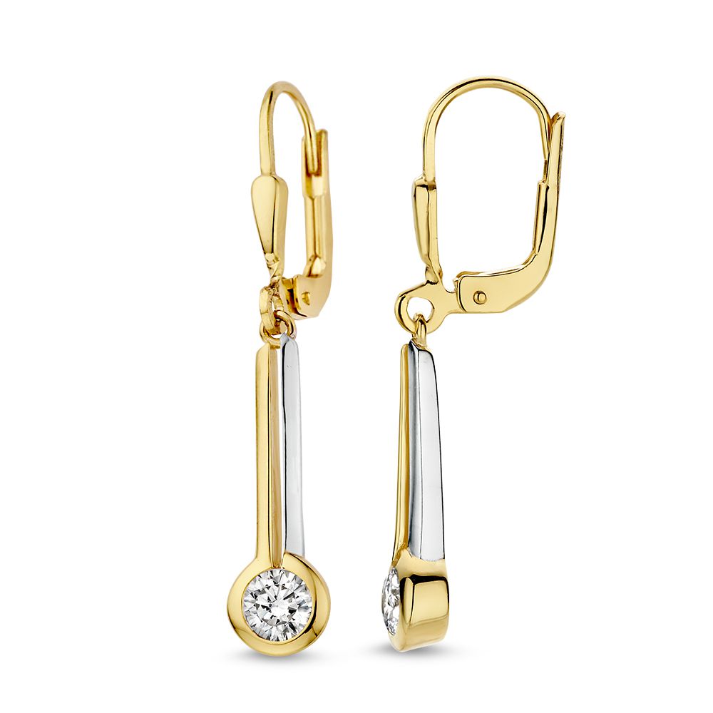 Verspielte Bicolor-Ohrhaken mit Zirkonia-Anhängern – 14 Karat Gelb-/Weißgold