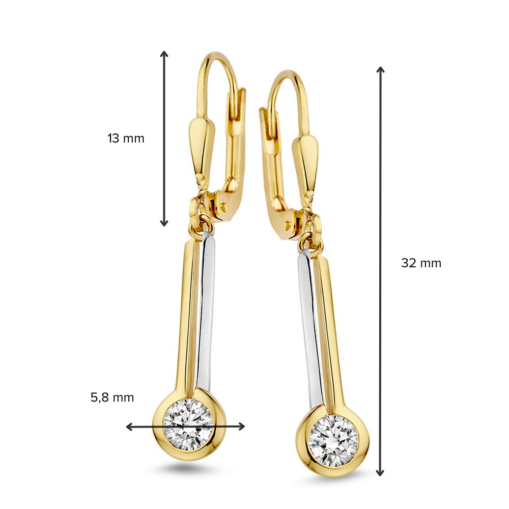 Verspielte Bicolor-Ohrhaken mit Zirkonia-Anhängern – 14 Karat Gelb-/Weißgold
