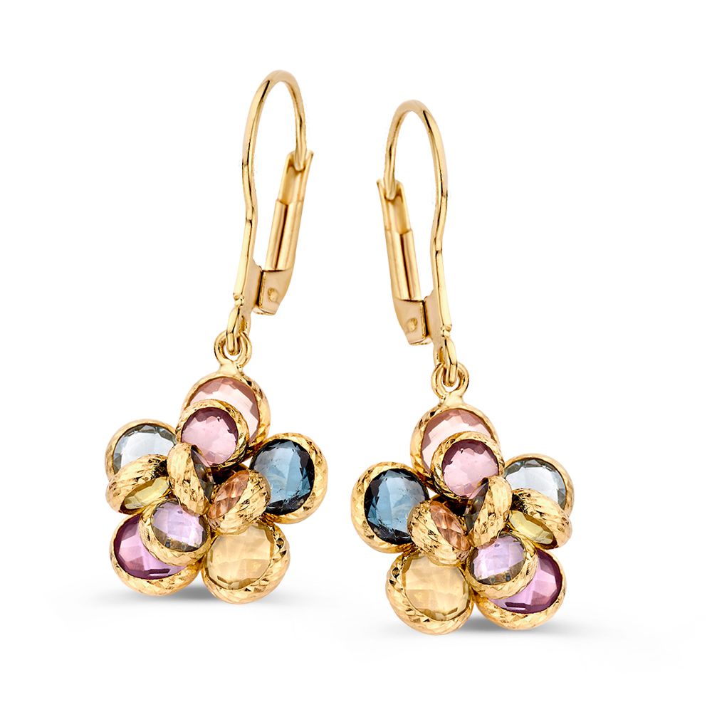 Gelbgoldene Ohrhaken in Blumenform mit Amethyst, Topas, Rosenquarz und grünen Amethyststeinen