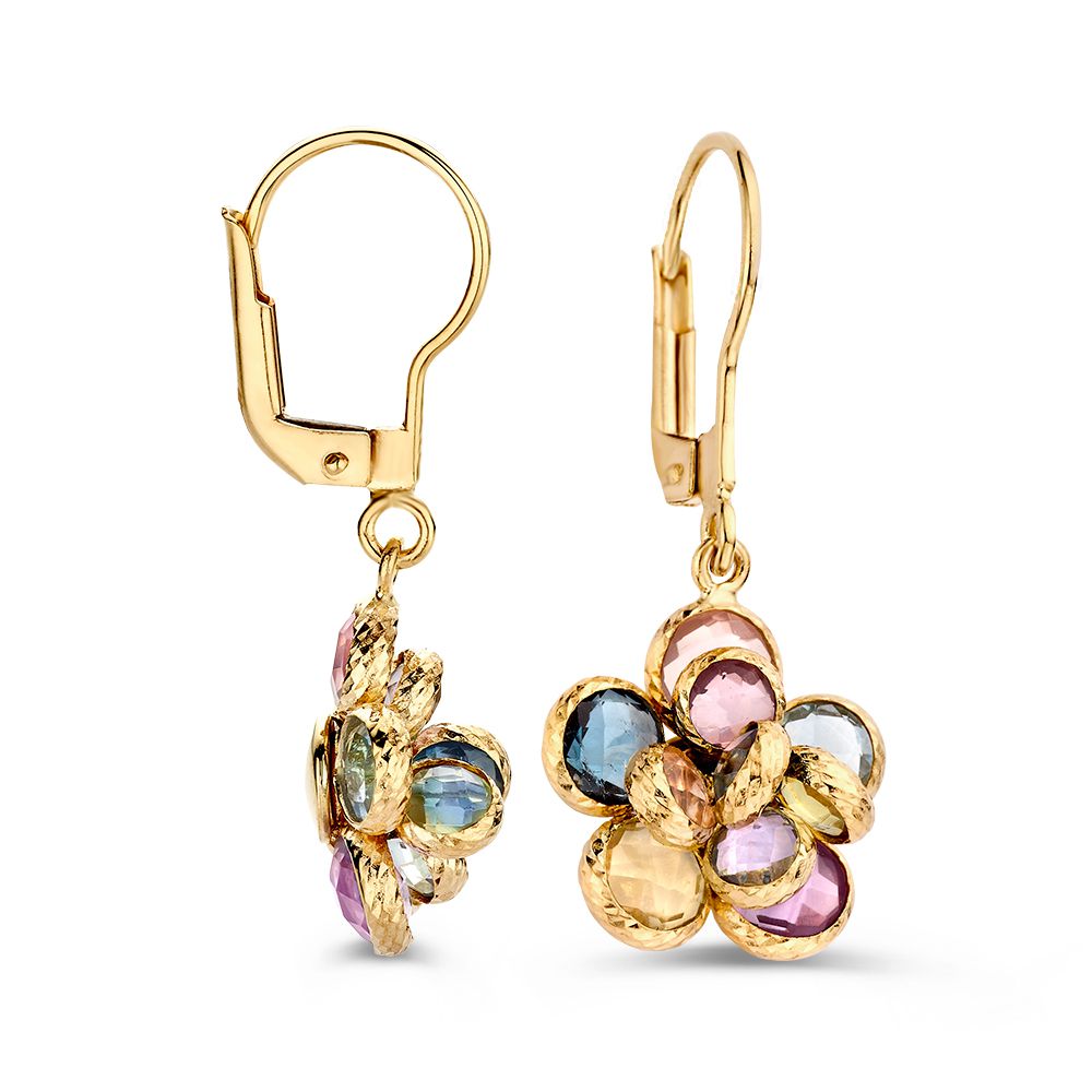 Wunderschöne Gelbgold-Ohrhaken mit blütenförmigen Farbsteinen – Amethyst, Topas, Rosenquarz und Grüner Amethyst